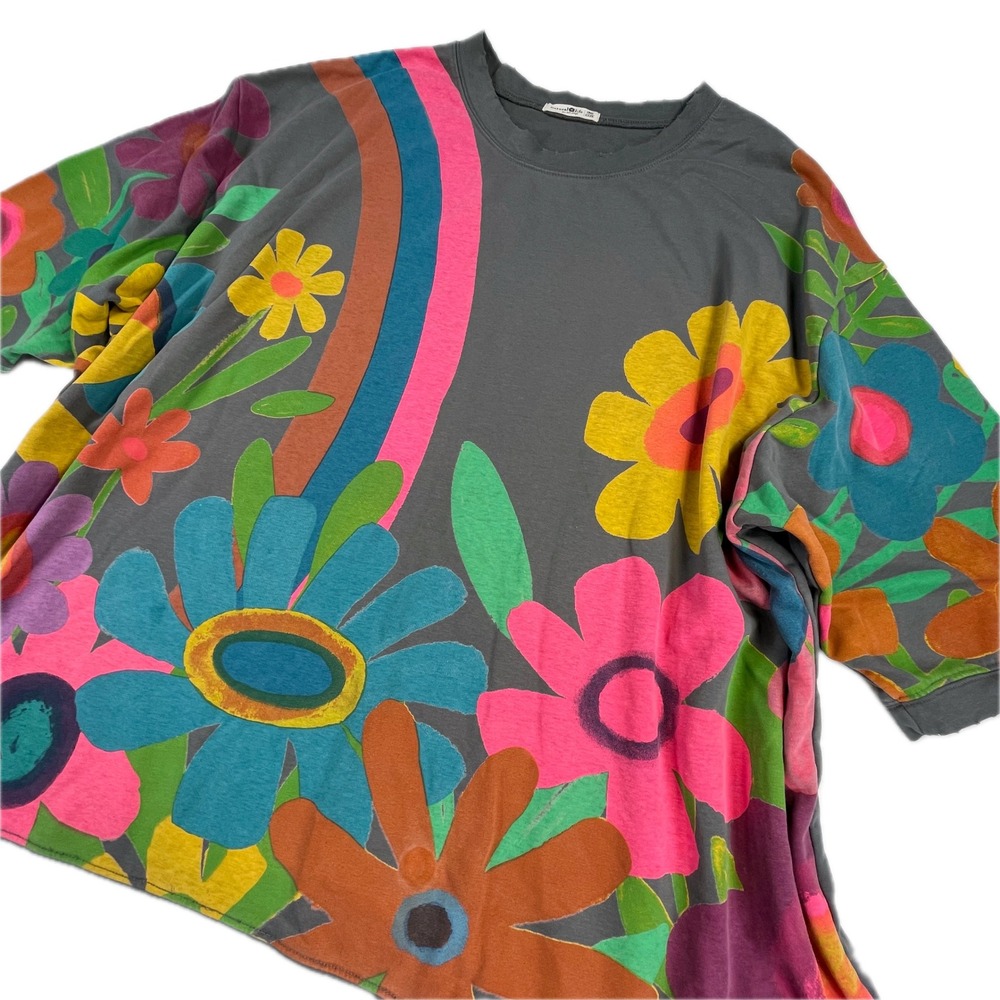 Natural Life Billie Oversized Sweatshirt One Size Gray Rainbow Floral Pockets